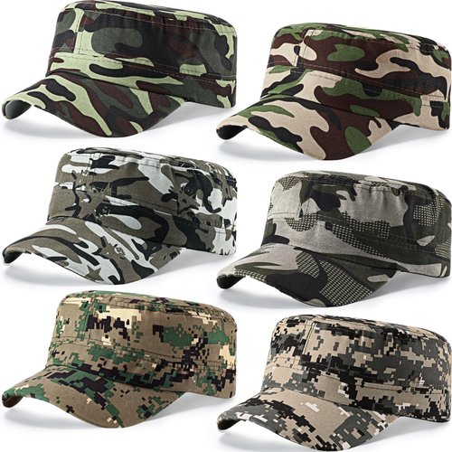 Eurzom 6 Pcs Military Style Hat Cadet Cap Army Basic Army Vintage Cap Adjustable Cotton Twill Flat Top Hats for Men Women (Camo)