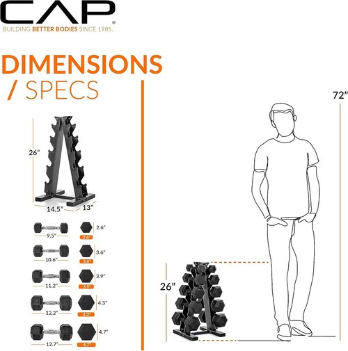 CAP Barbell Rubber Coated Dumbbell Weight Set - Vertical Rack Included | 100 lb, 150 lb, 210 lb Options