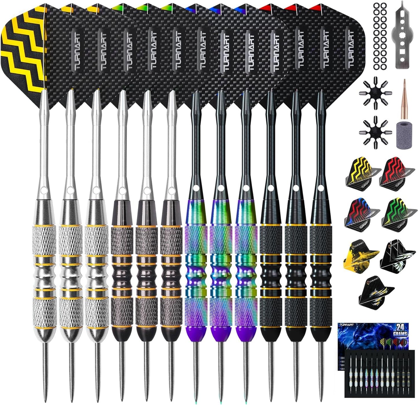 Turnart Darts Metal Tip Set - Professional Steel Tip Darts 12 Pcs with Stylish Case & Extra Flights | 22/24 Grams