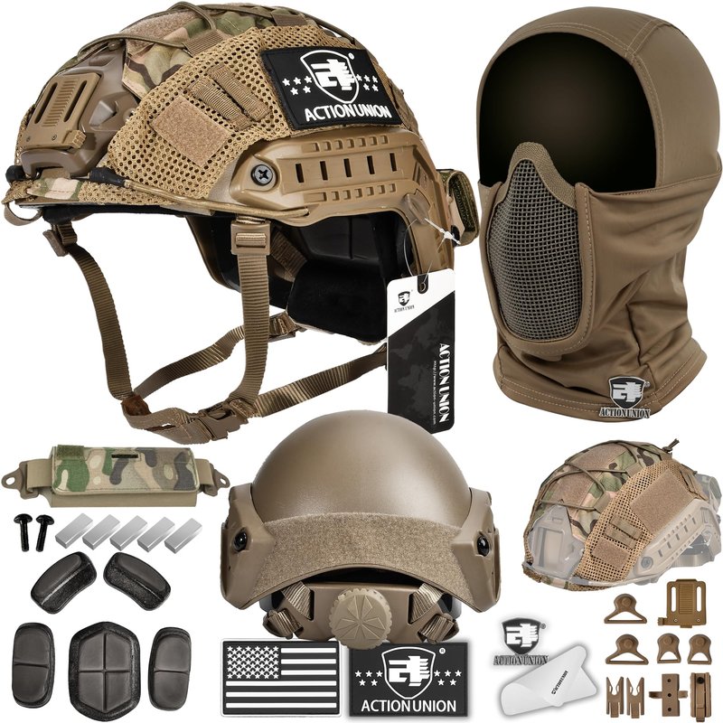 ACTIONUNION Airsoft Helmet and Mask Pro Set Tactical Paintball Helmet and Balaclava Mesh Mask MH Type with Counterweight (Tan, Medium)