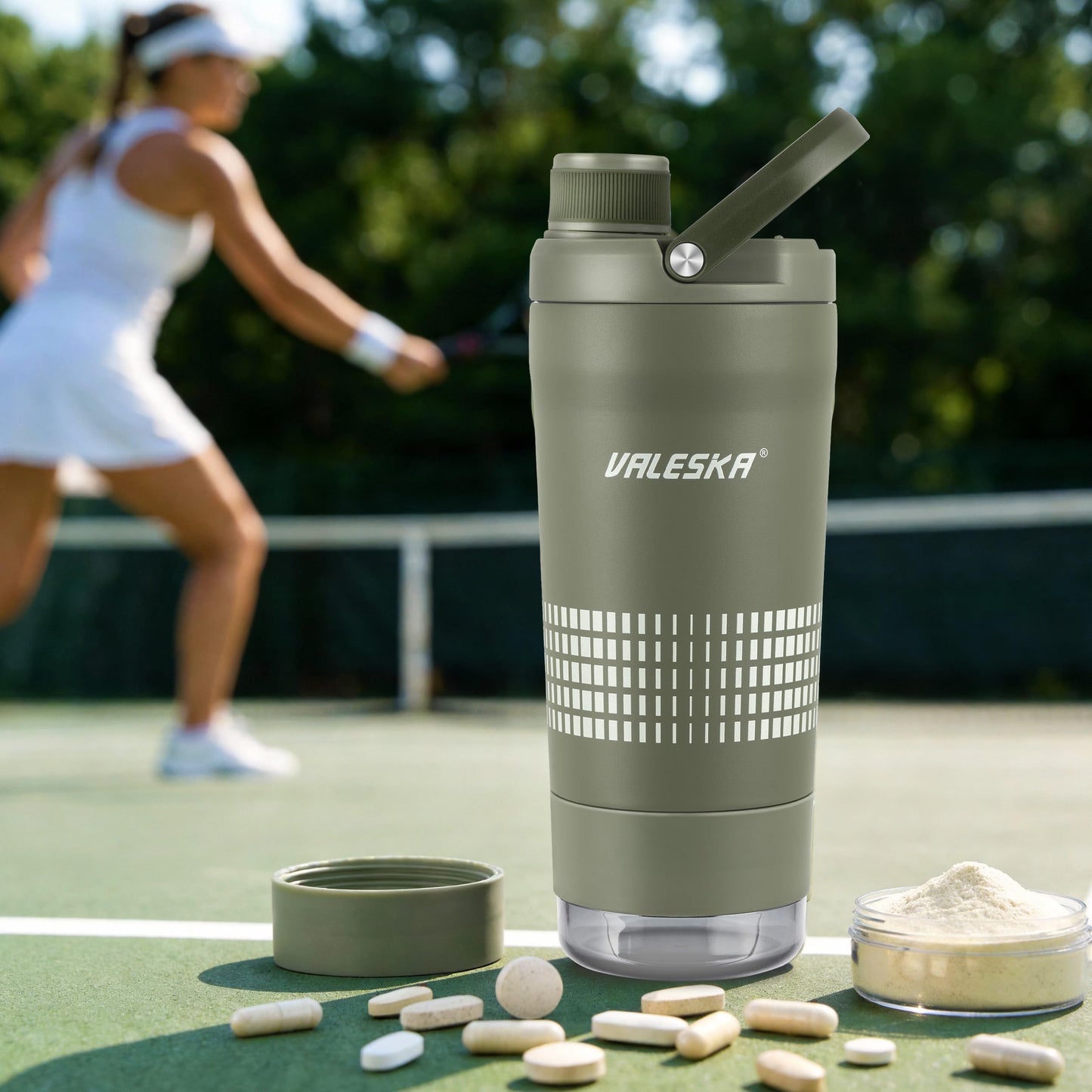 VALESKA Shaker Bottle for Protein Mixes with Storage | 24oz Insulated Stainless Steel Protein Shaker, BPA Free, Leak Proof, Dishwasher Safe, Perfect for Protein Shakes and Pre Workout | Green