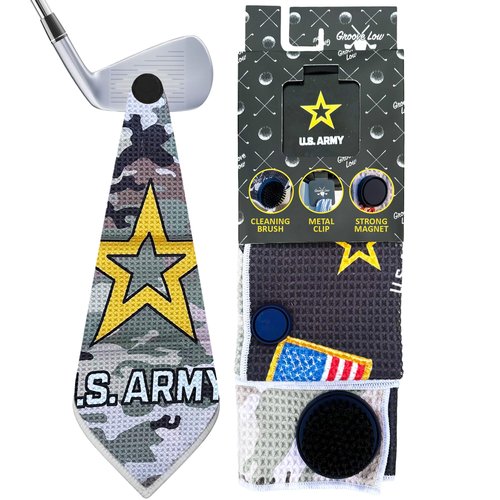 Groove Low Golf Towel with Magnet, Metal Clip and Brush - 40" L x 16.9" W, Extra Large Microfiber Magnetic Towel for Golf Bags, Brush to Keep Your Gear Clean, Army