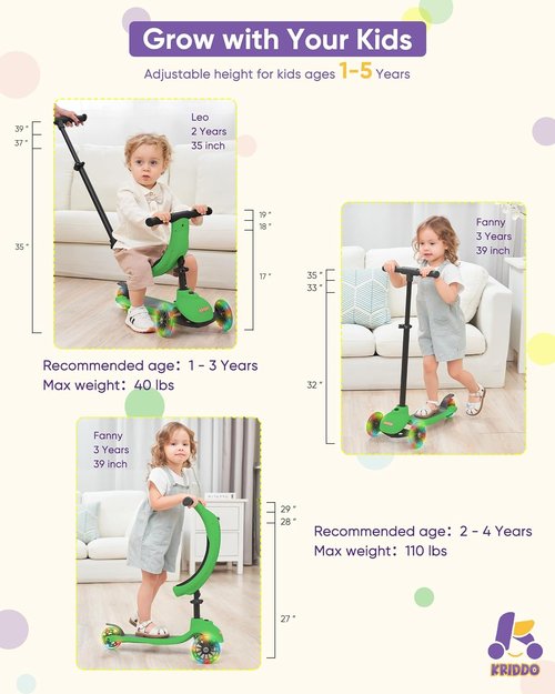 KRIDDO 3-in-1 Kids Scooter - Adjustable Height, Lighted Wheels & Wide Board | Ages 1-5, Indoor/Outdoor Use