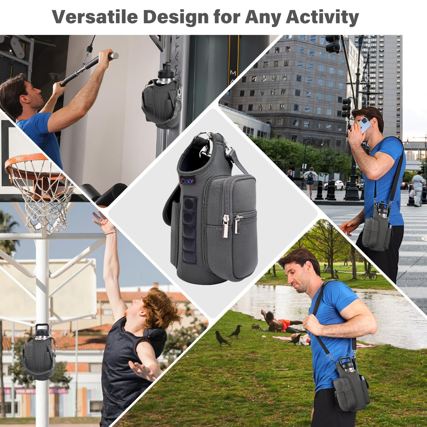 icolor Magnetic Gym Bag Water Bottle Holder Carrier with Phone Pockets & Shoulder Strap Small Gym Bag 5 Built-in Magnets Gym Accessories Organizer Magnetic Bottle Pouch for Men Women (Gray)