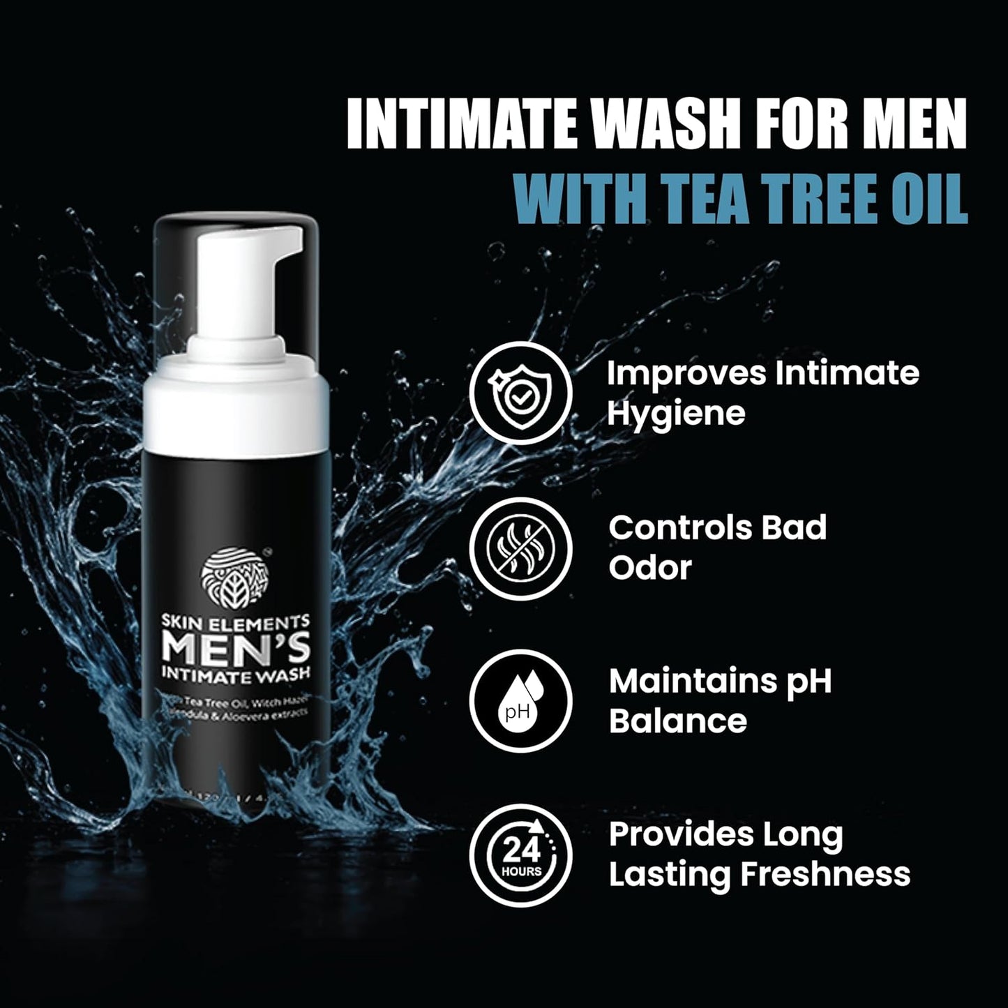 Skin Elements Intimate Wash for Men - pH Balanced Foaming Cleanser with Tea Tree Oil & Aloe Vera | 4.05 fl. oz.