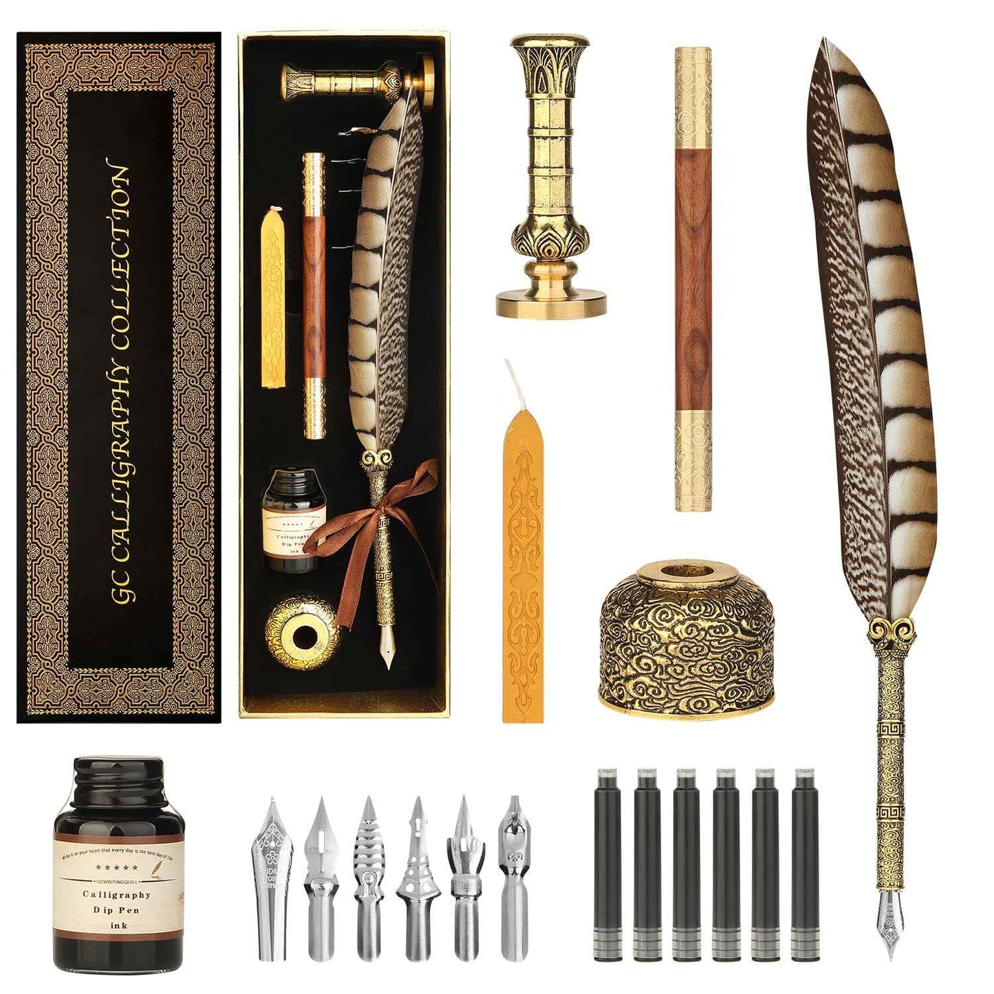 GC QUILL Calligraphy Pen Set - Feather Dip Pen,Dual Tip Calligraphy Fountain Pen, Stamp, Wax Candle, Pen Base, Ink Bottle, Ink Cartridges L1492
