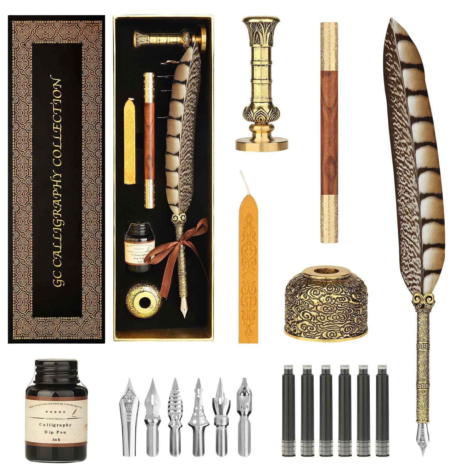 GC QUILL Calligraphy Pen Set - Feather Dip Pen,Dual Tip Calligraphy Fountain Pen, Stamp, Wax Candle, Pen Base, Ink Bottle, Ink Cartridges L1492