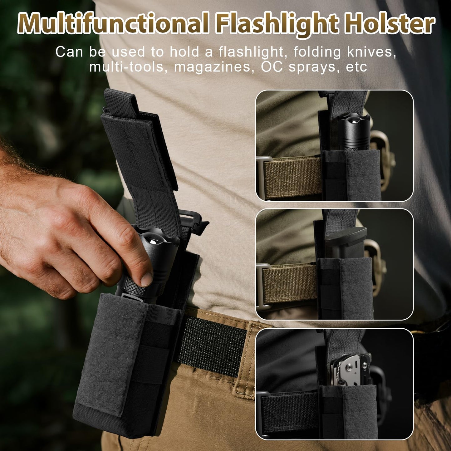 Tactical Flashlight Holster, Adjustable Flashlight Pouch Holder Molle Torch Carry Case for Duty Belt Backpack Vest Include Flashlight Patch & USA Flag Patch (Black-Nylon Strap with snap)