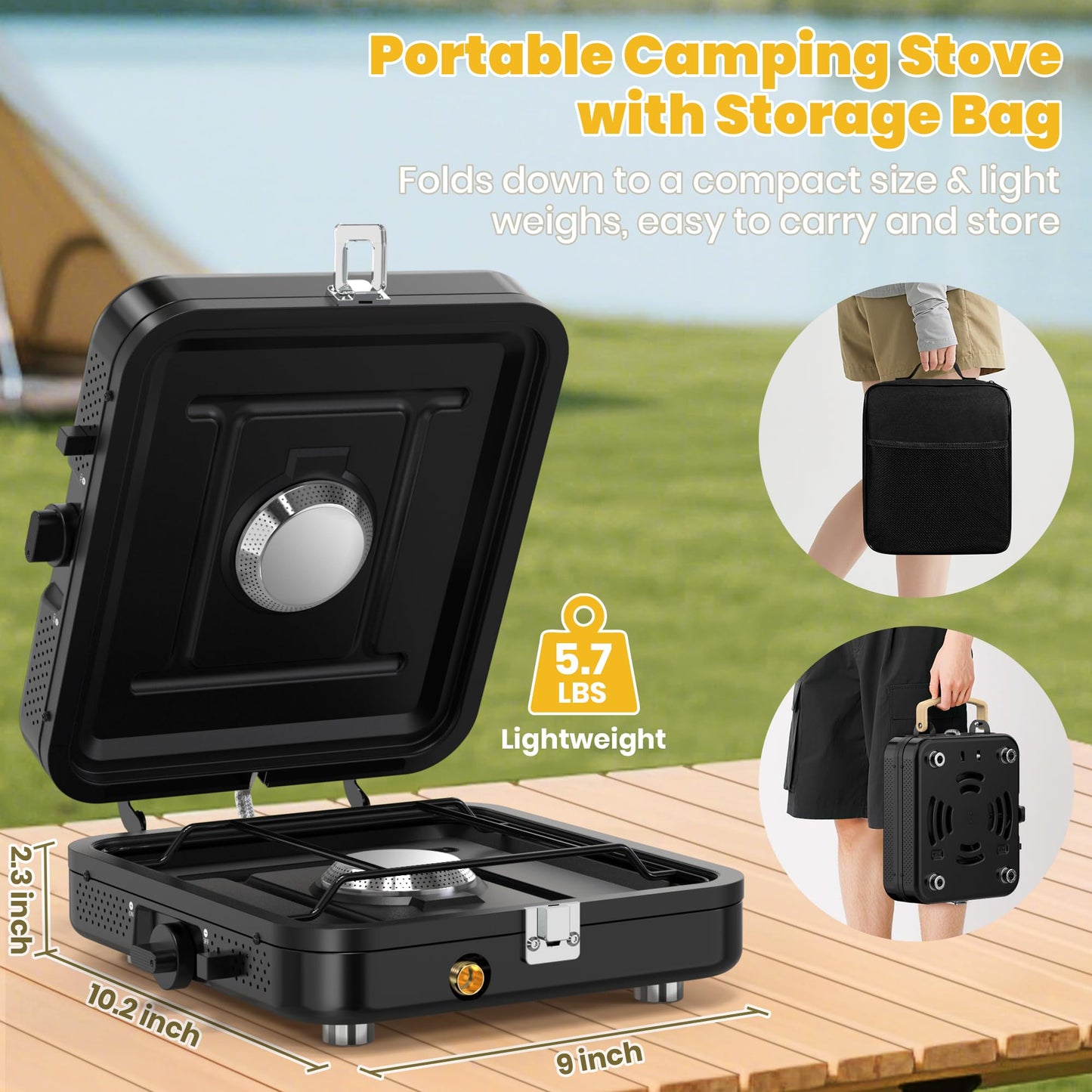 Camping Propane Stove 2 Burner 20000 BTU, Portable Folding Propane Stove with Carrying Bag, Adjustable High Heat Burners & Piezo Push-Button Instant Ignition,Outdoor Tailgating BBQ Camping Essentials
