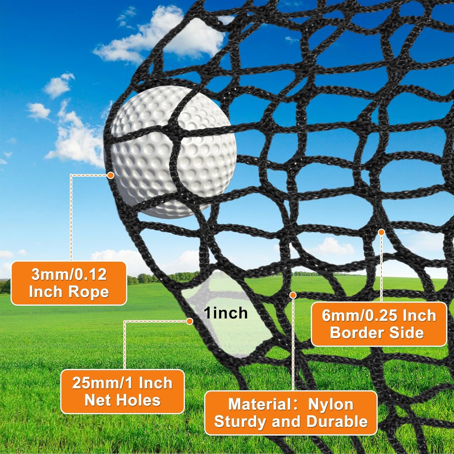 Nylon Golf Net 10-50ft - Durable Weatherproof Hitting Net with Rope & Carabiners for Baseball, Hockey, Soccer