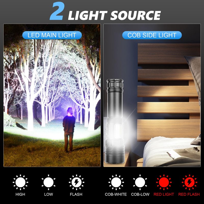 Rechargeable Flashlights High Lumens, 5000mAh Super Bright Flash Light, 7 Mode with Side Work Light, Red Light Tactical Flashlight, High Powered Linternas LED Flash Light for Home Camping Emergency