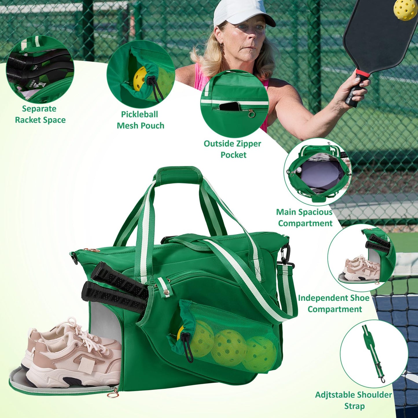 ROYAL MOUNTAIN Pickleball Bag For Women Men, Pickleball Tote Bag With Shoe Compartment, Pickle Ball Bags with Paddle-Pocket,Ball Mesh Pocket and Adjustable Shoulder Strap(Green)