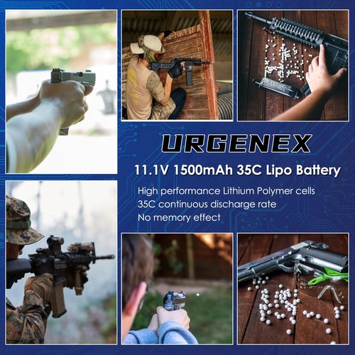URGENEX Airsoft Battery 11.1V 1500mAh Dean-Style T Plug 35C High Discharge Rate Lipo Pack Rechargeable 3S Lipo for Airsoft Model Guns
