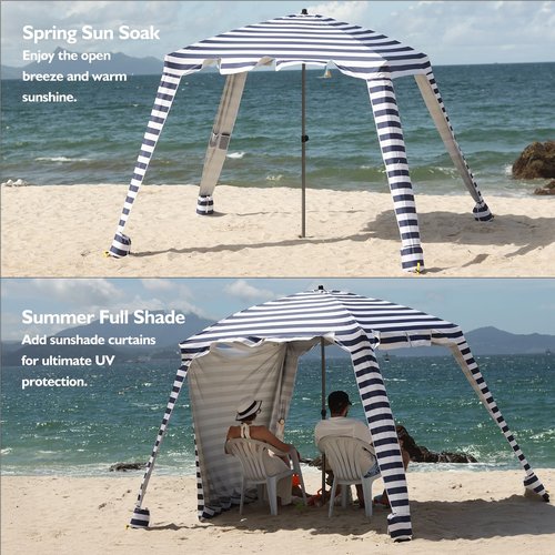Beach Cabana - 6FT Beach Umbrella with UPF 100+ UV Protection & Sunshade Curtain - Waterproof Tent - Portable Shade, Easy to Set Up, Perfect for Family & Friends, Navy Blue