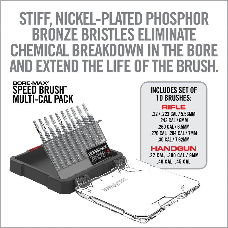 Real Avid Bore Max Speed Brush Multi Cal Pack – 10 Durable Nickel Plated Gun Cleaning Brushes Fits .22 .243 .270 .284 .30 Caliber Rifles and .22 .380 .40 .45 Caliber Handguns with 2X Bristle Density
