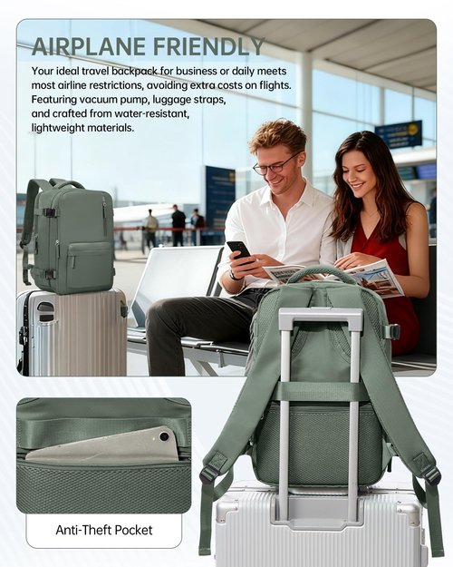 Vacuum Backpack Travel with Pump Vacpack for Women Men Compression Backpack Airplane Approved Personal ltem Bag with Vacuum System Mochila de vacío Cabin Bag Carry On with Airbag,Army Green