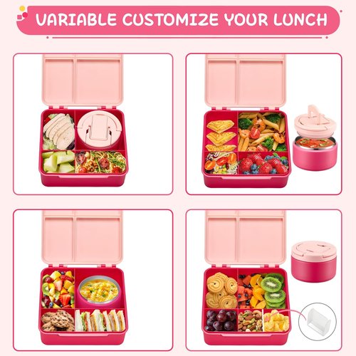 MAXSO Bento Lunch Box Set - Leakproof Hot Food Container with 8 oz Soup Thermo & 4 Compartments - Pink