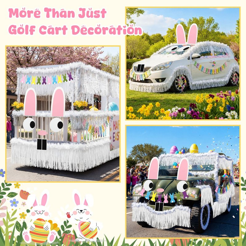 Moucuny 12 Pcs Easter Bunny Golf Cart Decoration Kit 1 Set Giant Felt Rabbit Model 3 Silver Thread Felt Strip 2 Curved Rain Curtain 2 White Felts Strip 2 Easter Bunny Banners for Golf Cart Accessories