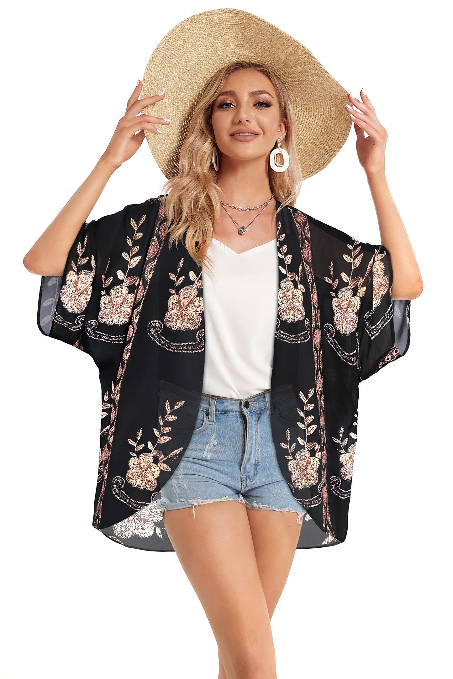 Kimono Cardigans Floral Womens Tops Dressy Casual Spring Cover ups Chiffon Open Front Shirts (BlackLace,S)