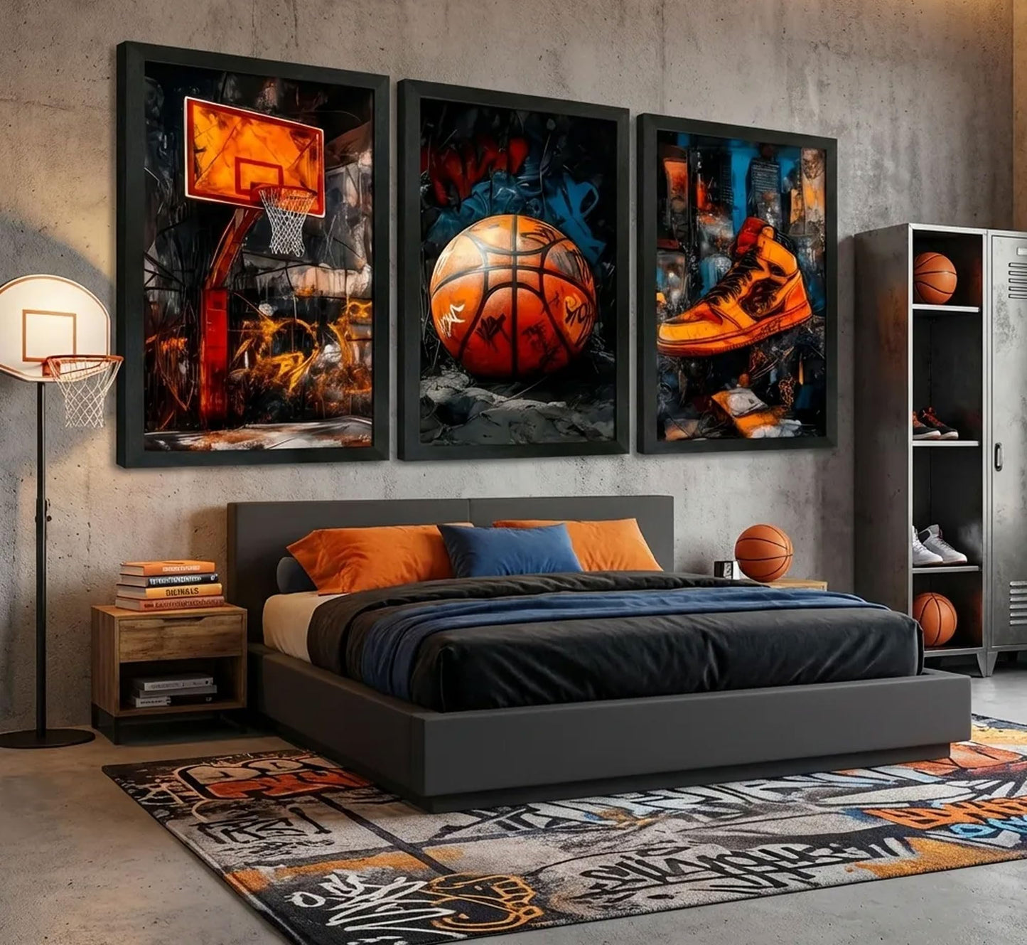 3Pcs Black Solid Wood Frame Graffiti Basketball Canvas Wall Art 12x16in
