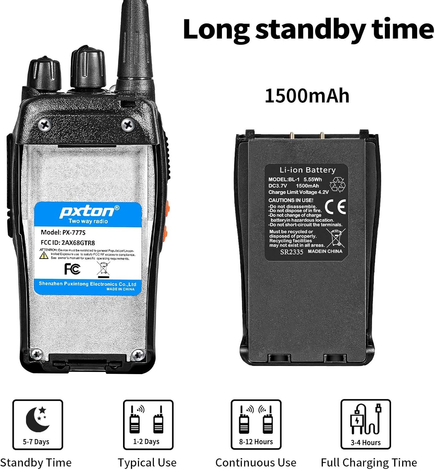 Pxton 777S Rechargeable Walkie Talkies - Long Range Two-Way Radios with Earpieces & Li-ion Battery | 2 Pack