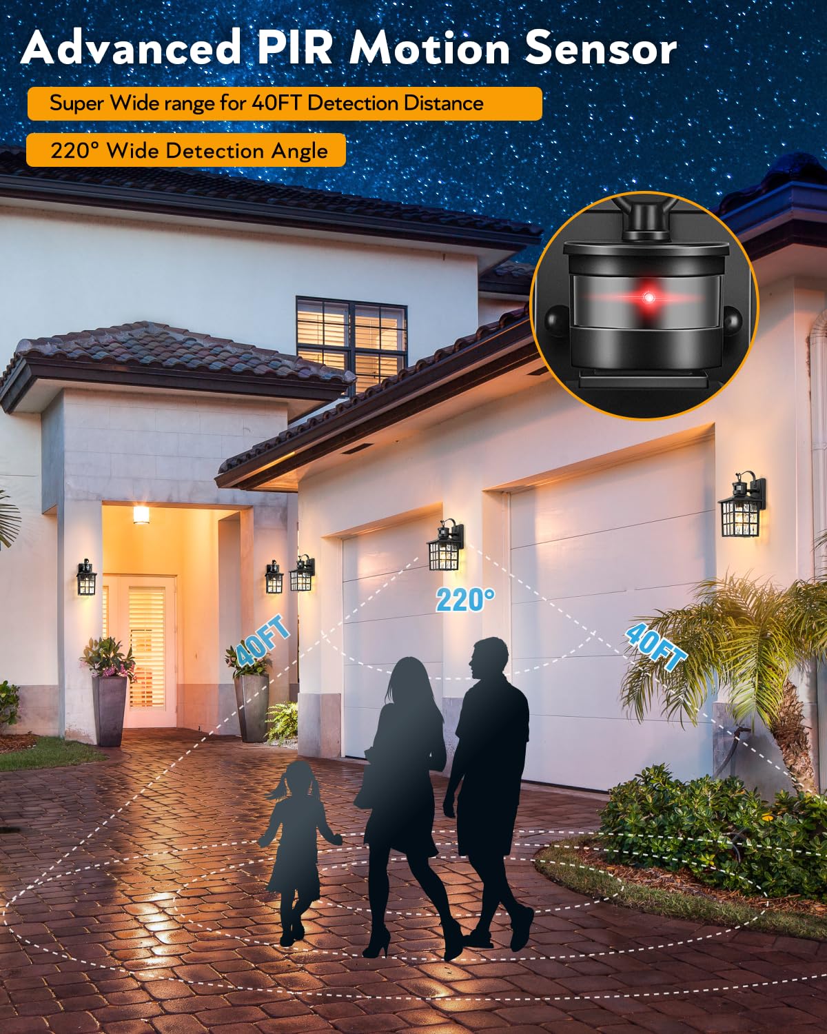 VIANIS Outdoor Wall Lights for House, 2 Pack Black Motion Sensor Porch Lanterns Wall Sconce, Modern Exterior Garage Light Fixtures Wall Mount, Waterproof Front Door Lights with Tempered Ripple Glass