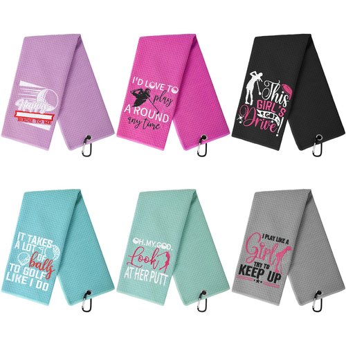 Hosuly 6 Pcs Embroidered Funny Golf Towel with Clip Golf Gifts for Girl Bag Accessories for Balls Women Mom Wife Girlfriend Club Fan Birthday Gift, 6 Colors