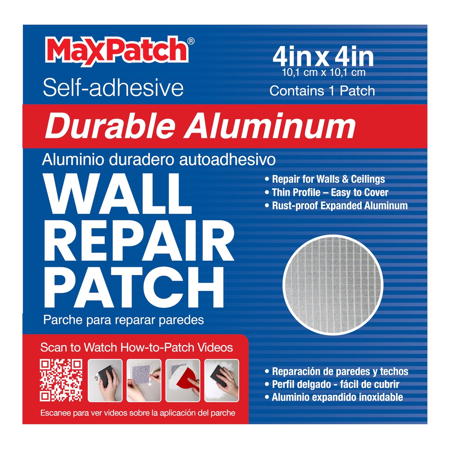 MaxPatch® 4 in. x 4 in. Aluminum Self-Adhesive Wall Repair Patch (3-Pack) – Expanded Perforated Rust-Resistant Aluminum with Strong Adhesive Backing for Interior Wall Repairs