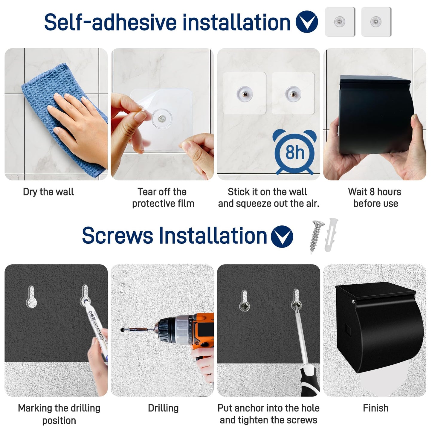 FARVIGOR Toilet Paper Holder Wall Mount, Self Adhesive Toilet Paper Holder with Shelf, Waterproof Stainless Steel Bathroom Toilet Tissue Roll Holder Cat Dog Proof, Black