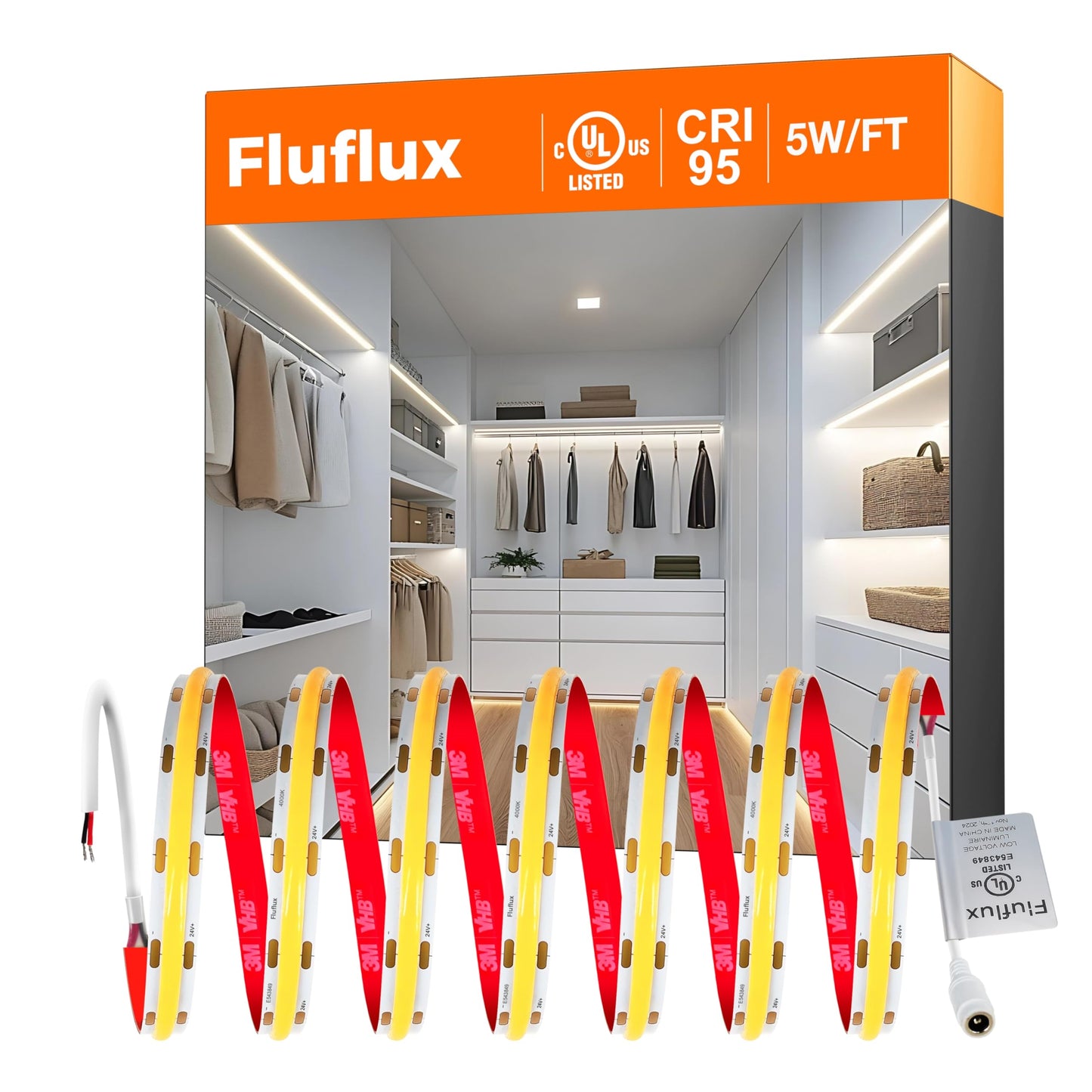 FluFlux COB LED Strip Lights 4000K, 330+LM/FT, 24V DC LED Tape Light with Strong VHB Backing, CRI 95, UL Listed, Cuttable, Dimmable, Flexible, 5W/FT for Accent, Task Lighting (NO Power Supply)