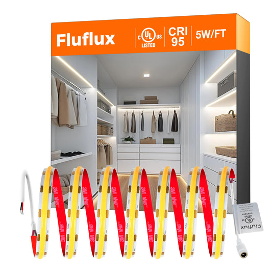FluFlux COB LED Strip Lights 4000K, 330+LM/FT, 24V DC LED Tape Light with Strong VHB Backing, CRI 95, UL Listed, Cuttable, Dimmable, Flexible, 5W/FT for Accent, Task Lighting (NO Power Supply)