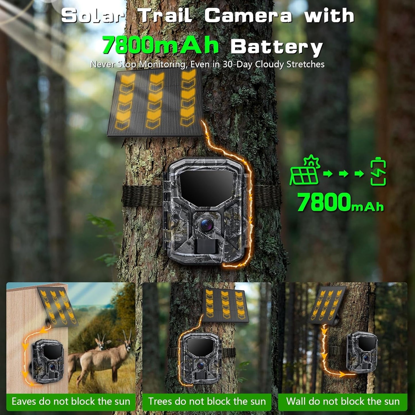 Trail Camera - Solar Powered 4K 60MP WiFi Game Camera with 0.1s Trigger & 65FT Detection | IP66 Waterproof