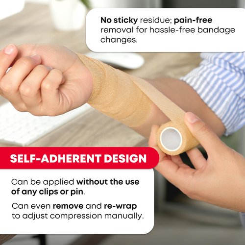 Ever Ready First Aid Self Adherent Cohesive Wrap Bandages, 2” x 5 Yards for First Aid, Sprains, Swelling, Sports, Pets, Tan Color – 12 Count