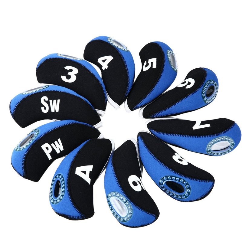 10pcs/Set Golf Iron Club Head Covers with Numbers Neoprene Top Window Iron Covers(Blue&Black)