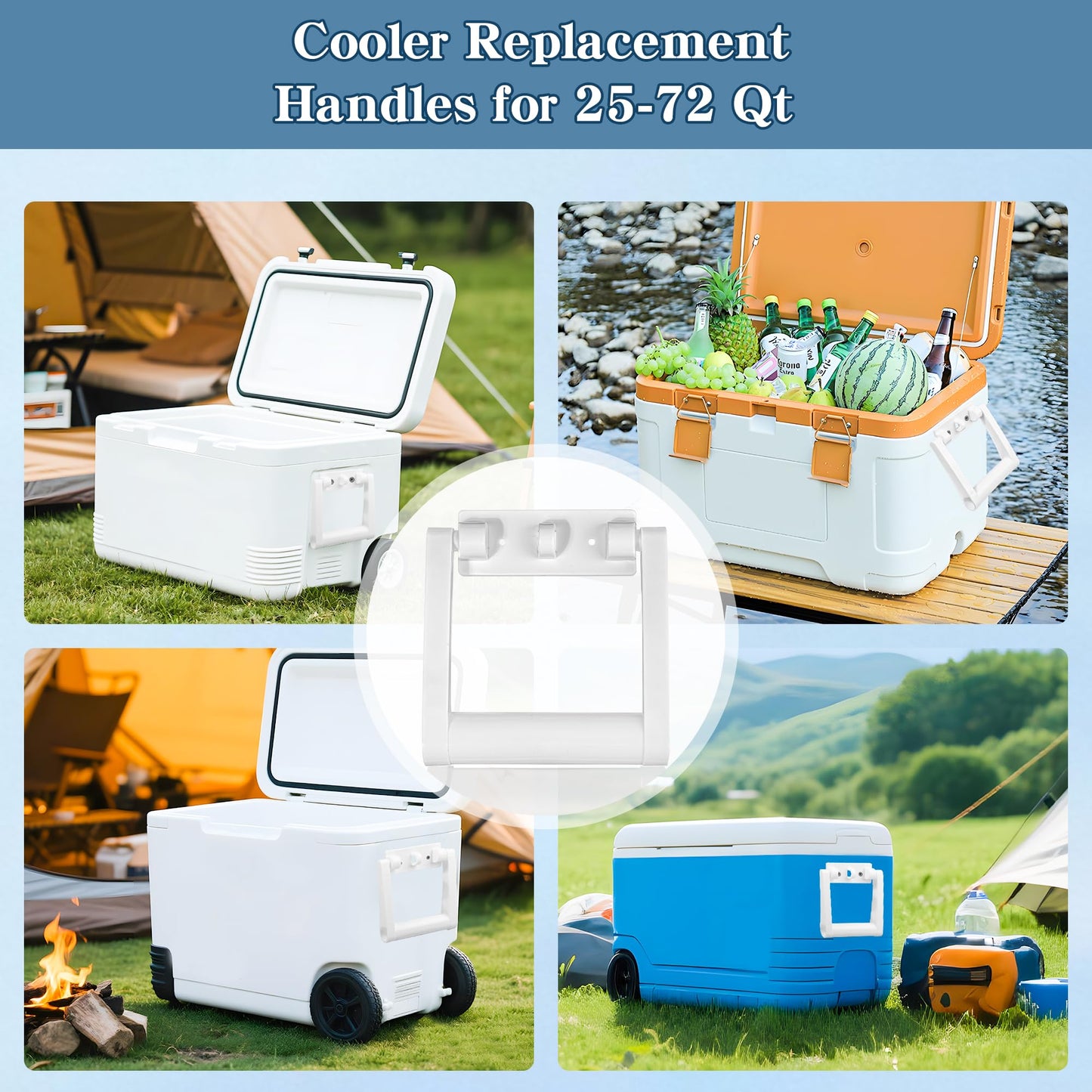 PIHIL 2 Pcs Plastic Cooler Handle Replacement for 25-72 Quart Coolers, Replacement Cooler Handle Parts Includes Screws, White