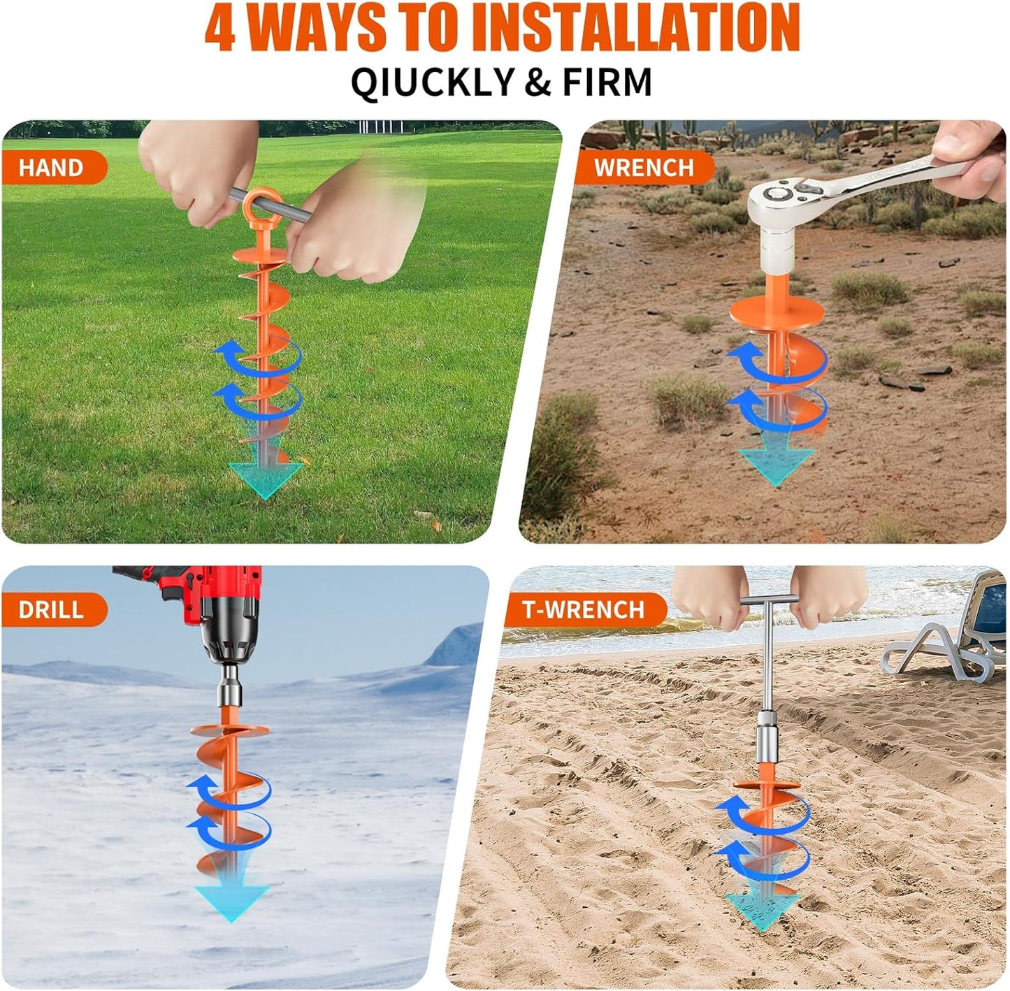 Phopich Ground Anchor Screws - Heavy-Duty 4 Pack Spiral Anchors for Trampolines & Tents | Orange