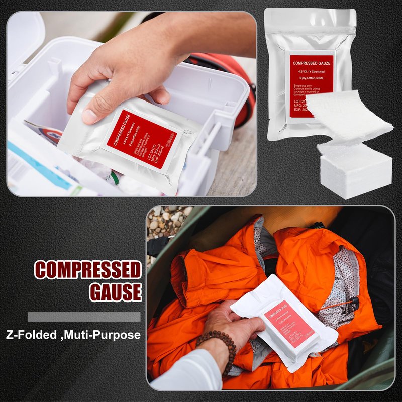 Threlaco 10 Pcs Z-Folded Compressed Sterile Gauze 4.5" x 4.1 Yards Combat Gauze Trauma Pad 6-ply 100% Cotton for Emergency Wound Dressing, First Aid Ifak Supplies Trauma Kit