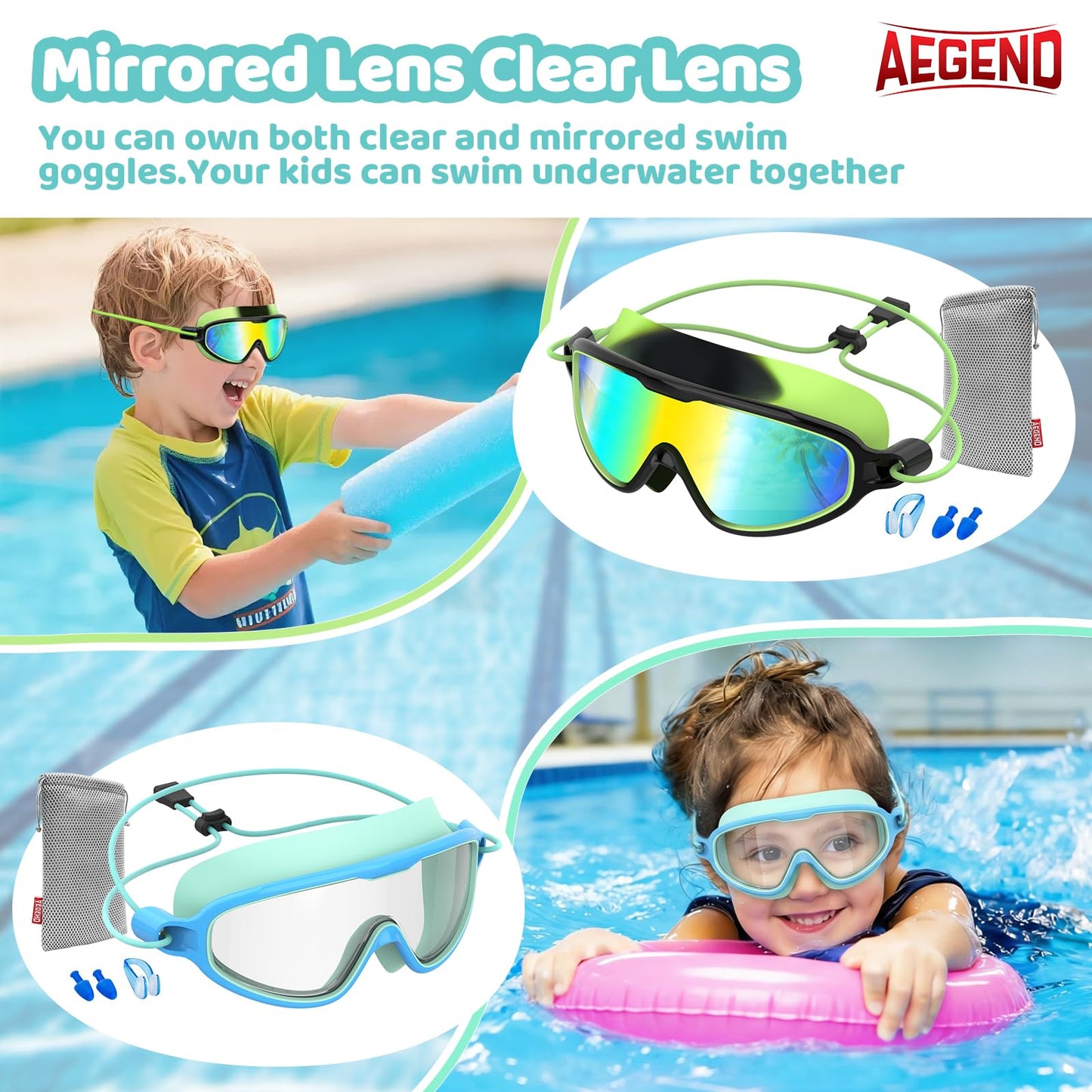 Aegend Kids Swim Goggles with Bungee Strap No Leaking Anti Fog Toddler Swimming Goggles with Quick Adjust Ages 6-14 (Aqua & Blue, Small)
