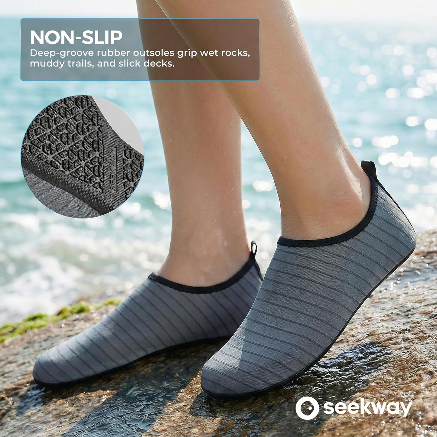 SEEKWAY Water Shoes - Quick-Dry Aqua Socks for Men & Women | Non-Slip Design for Beach & Pool - Black