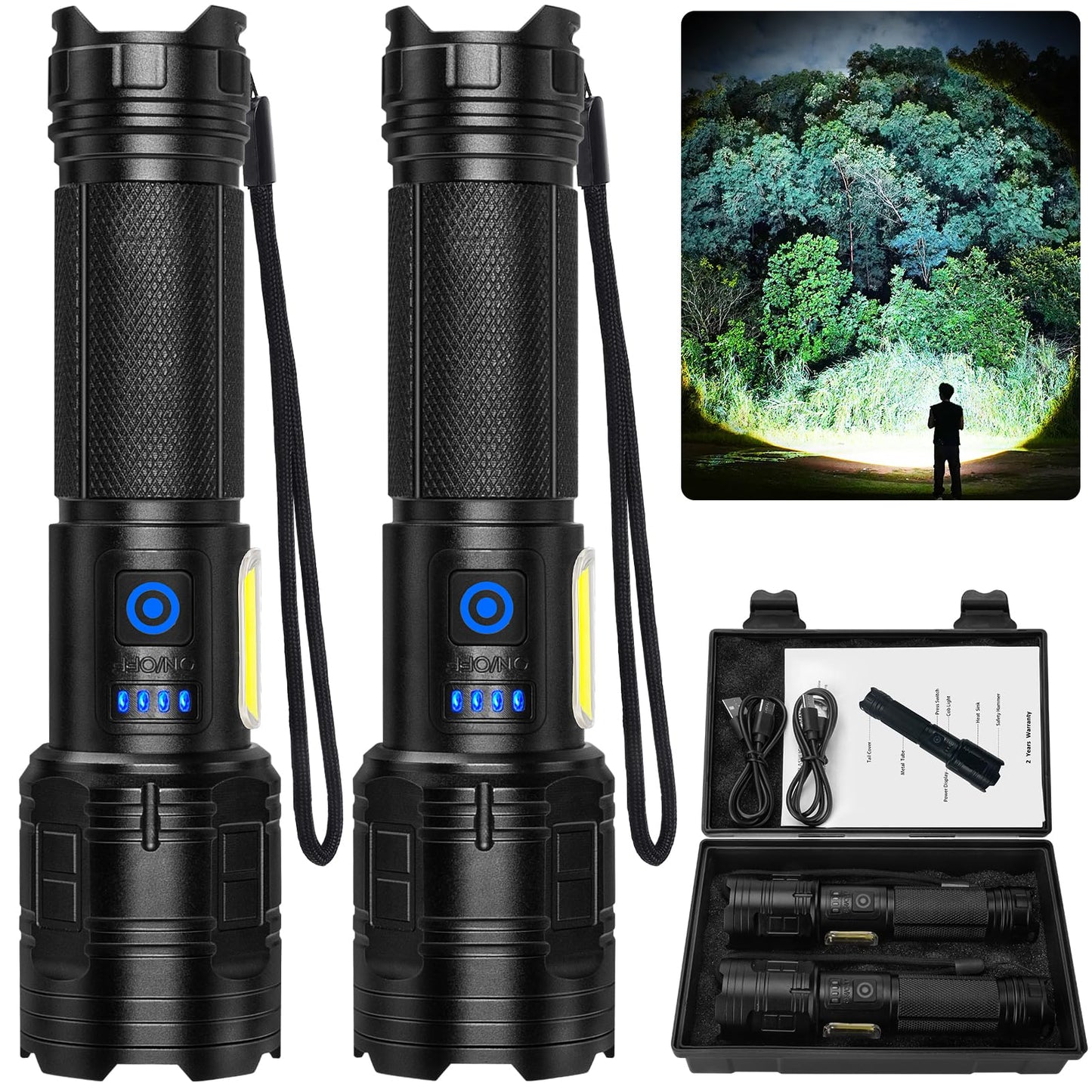 ALSTU Flashlight Rechargeable 99,000 High Lumen - 7 Modes LED Flash Light with COB, Powerful Handheld Flashlight for Home, Camping(2 Pack)