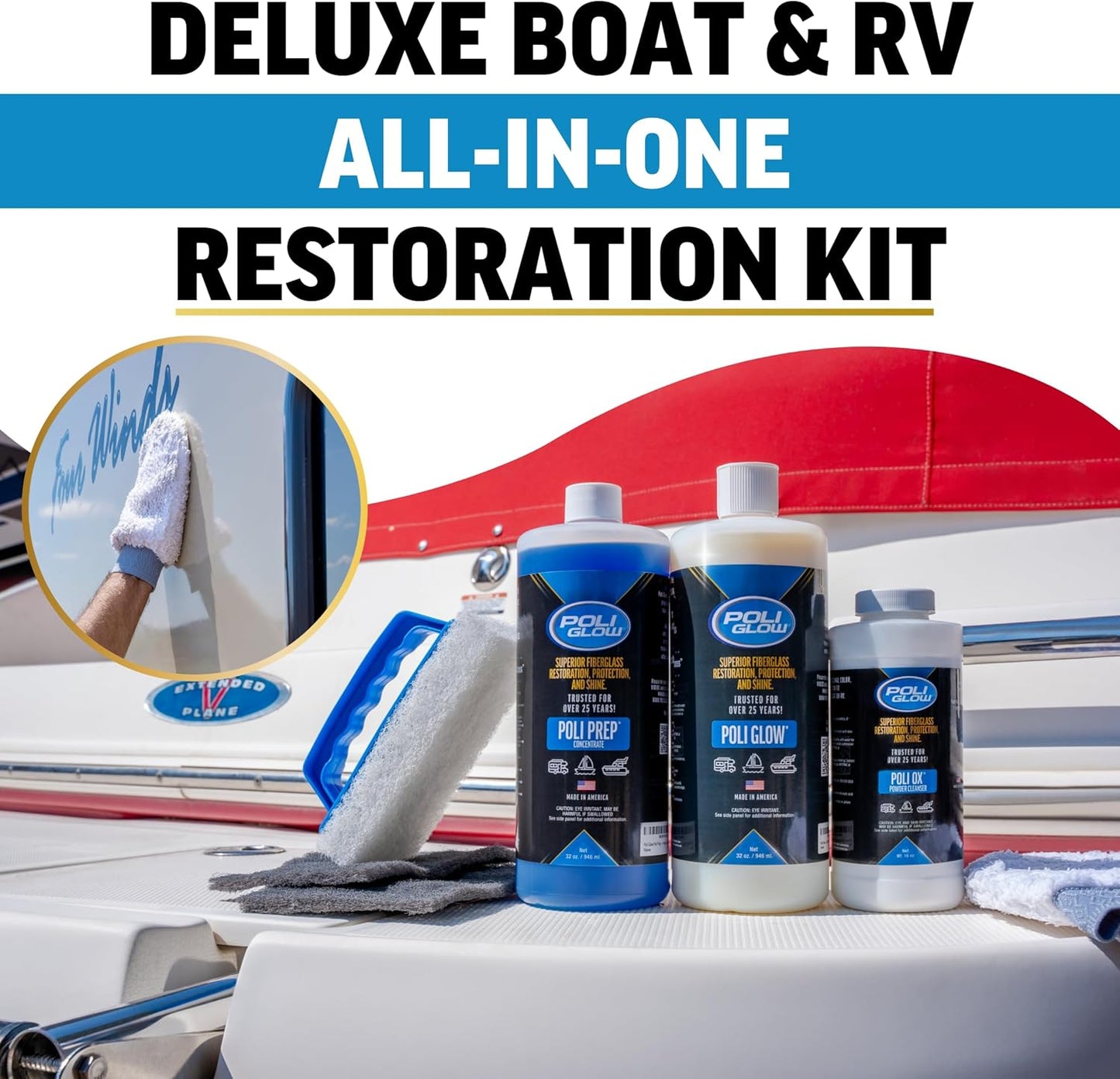 Poli Glow Deluxe Boat & RV Restoration Kit - Removes Oxidation & Seals - Restores High-Gloss Shine to Fiberglass & Gelcoat - Easy 6-in-1 System