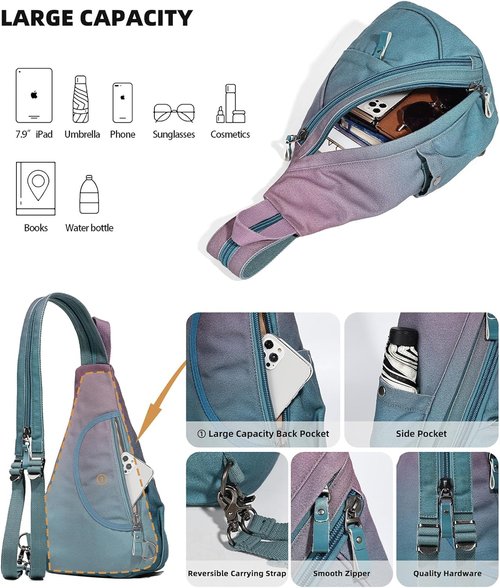 KL928 Canvas Sling Bag - Stylish Small Crossbody Backpack for Men & Women | Large Version in Violet & Grayish Blue