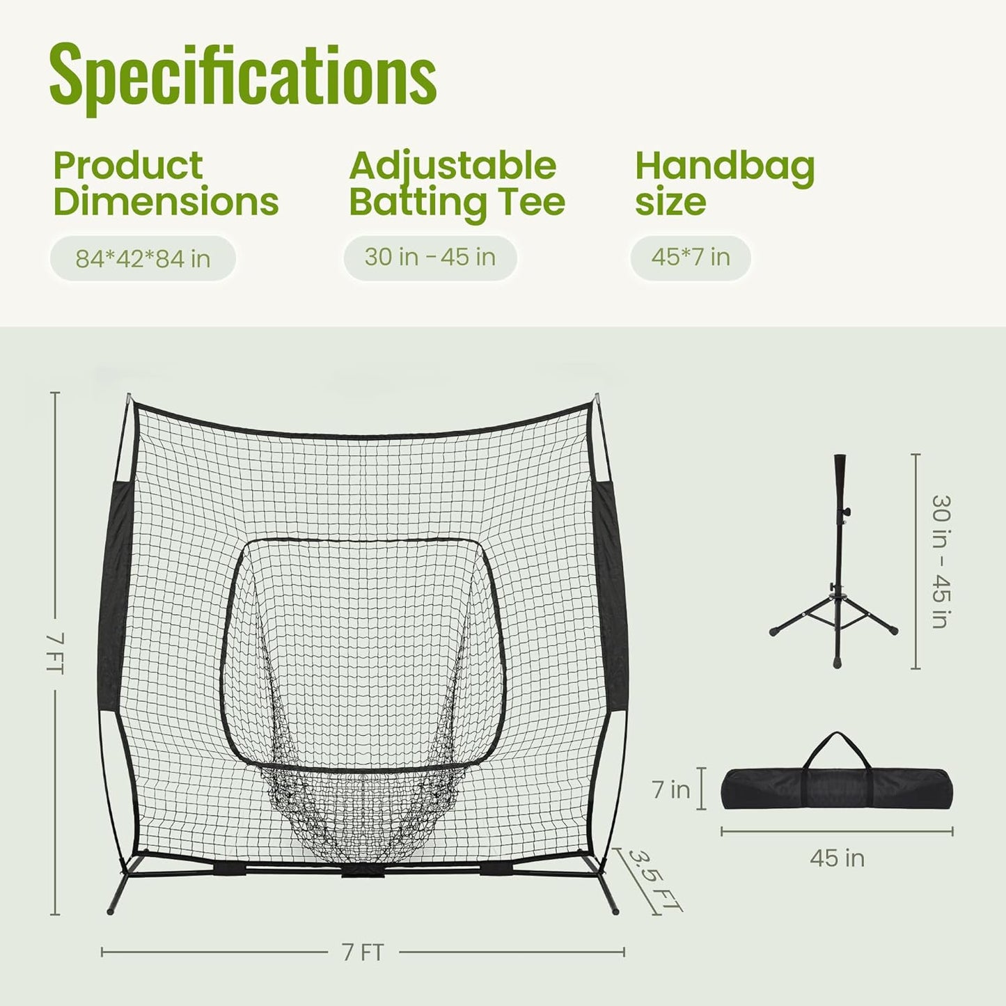 Skiennix 7x7 FT Baseball Net - Portable Batting Net with Tee, Strike Zone Target & Carry Bag