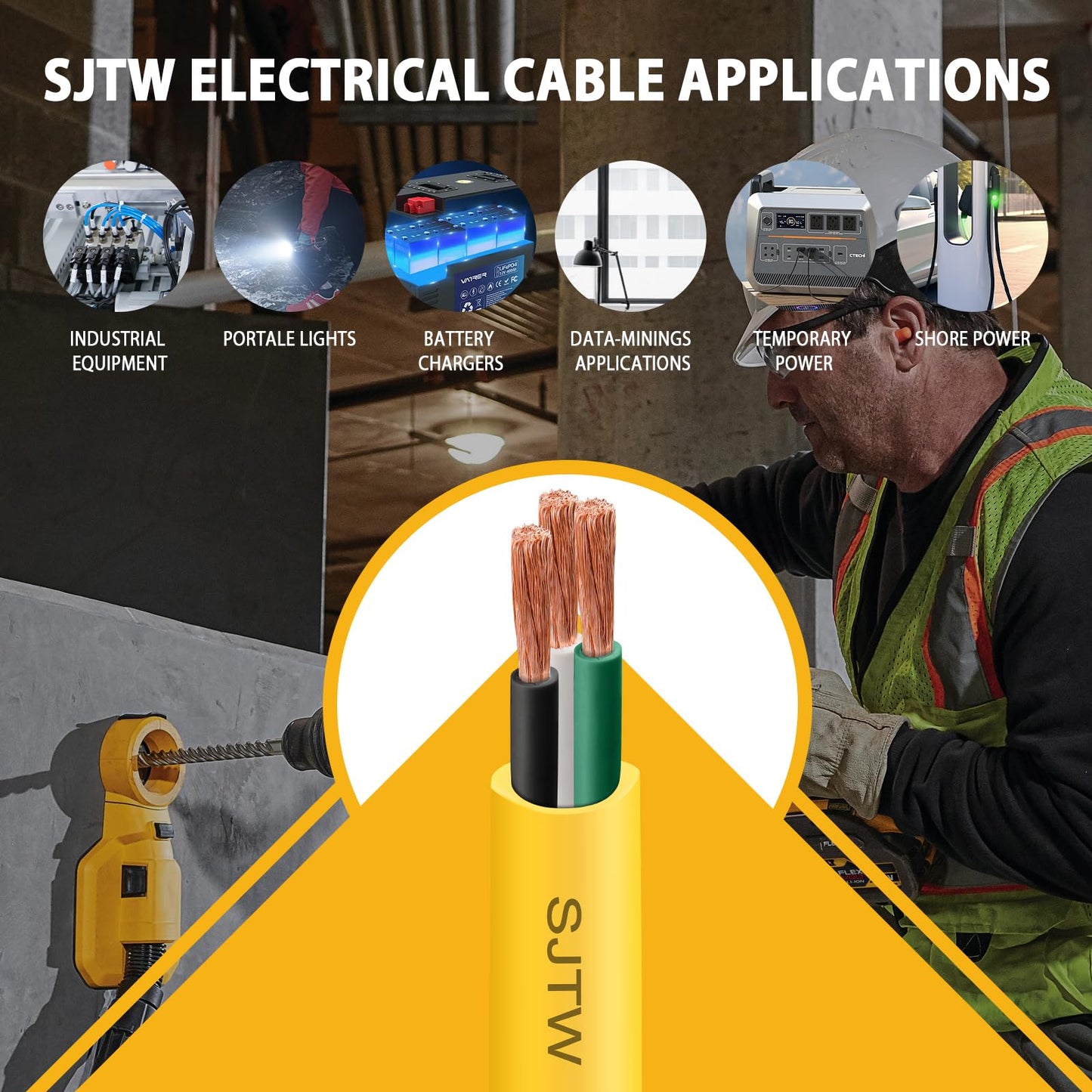 10/3 SJTW Yellow Wire 50 Feet - 10 AWG 3 Conductor SJTW Cable with UV-Resistant Jacket for Motor Leads, Battery Chargers and Machine - 50 ft Electrical Wire