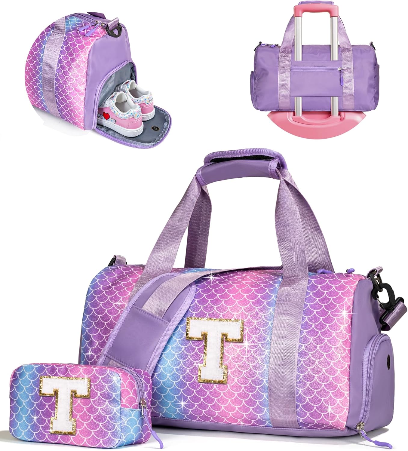 Skiennix Girl Gym Bag - Personalized Weekender Overnight Tote with Shoe Compartment & Makeup Pouch | Ideal Gift for 8-Year-Olds (Letter T)