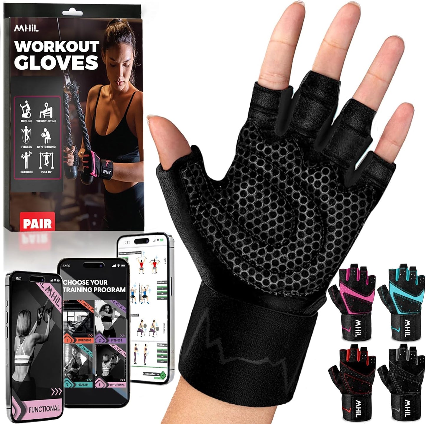 MhIL Workout Gloves for Women - Breathable Gym Gloves with Palm Protection & Enhanced Grip | Padded Weightlifting Gloves with Wrist Wraps