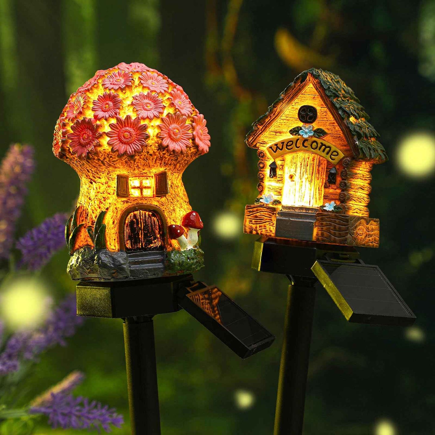 Rossesay 2 Pack Mushroom Fairy House Solar Light Halloween Outdoor Garden Home Statue LED Light Fairy Lights for Outside Christmas Garden Lawn Walkway Patio Yard Backyard Plant Decoration