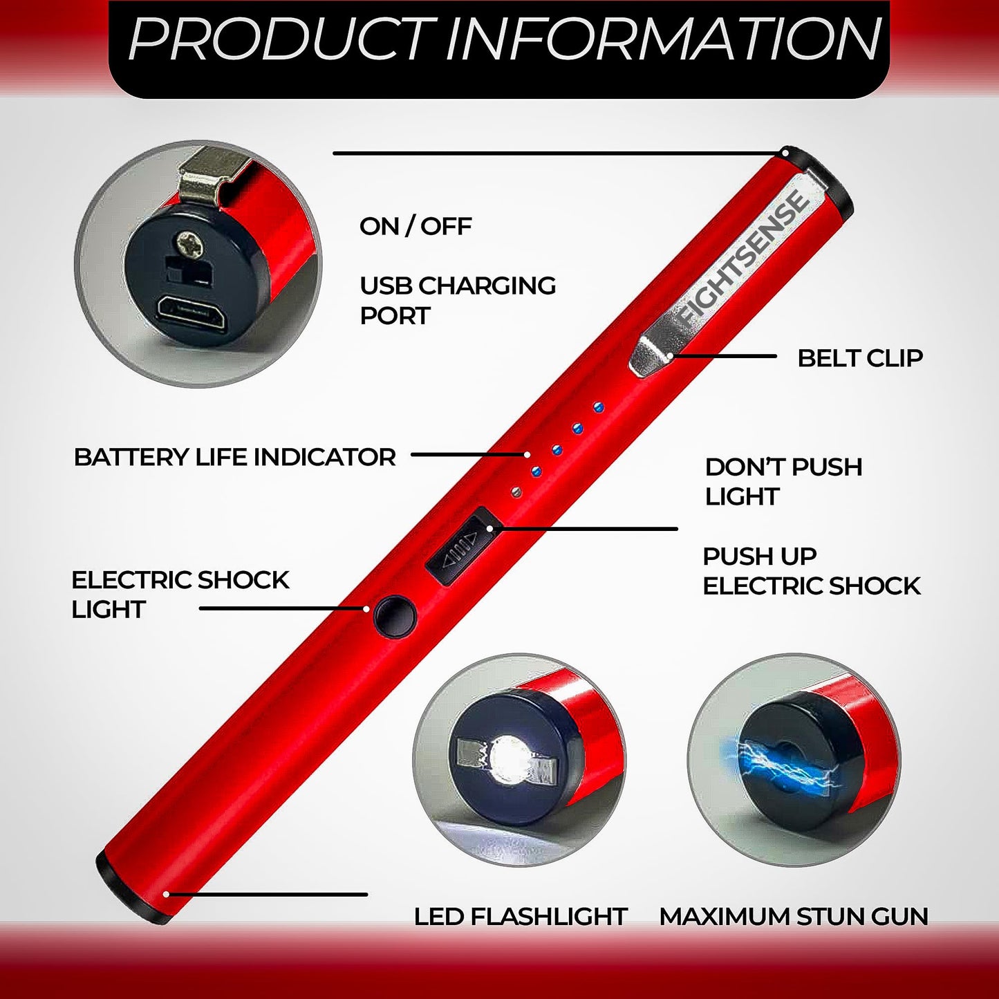 FIGHTSENSE Pen Stun Gun for Self Defense Battery Life Indicator, Belt Clip, Pen Flashlight stun Gun for Women self Defense (Red)