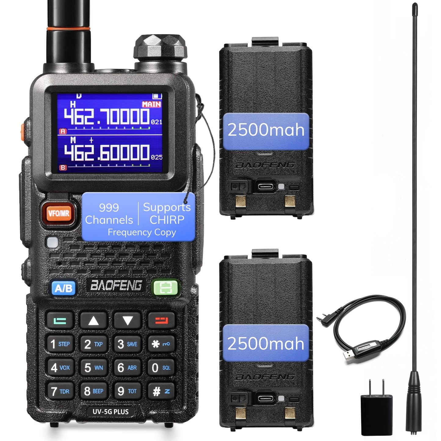 [Chirp Compatible] BAOFENG UV-5G Plus GMRS Handheld Radio, Long Rang Two Way Radio for Adult, 999 Channels, NOAA Receiver, with Two 2500mAh Batteries, 15.5" Antennas, Programming Cable, 1 Pack