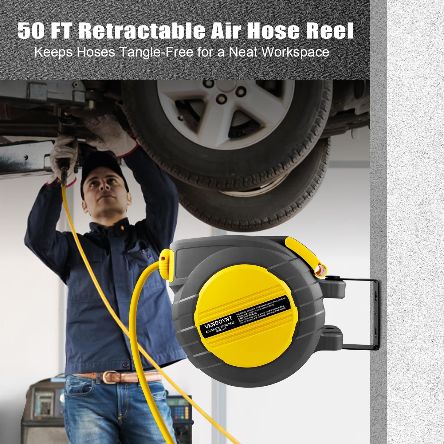 Retractable Air Hose Reel, 3/8 in x 50 FT Hybrid Polymer Hose, Air Compressor Hose Reel with 5 ft Lead in, Ceiling/Wall Mount Enclosed Air Reel, 180° Swivel Mount